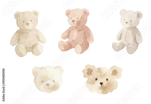 Watercolor-style cute teddy bear illustration, soft stuffed animal for baby and kids　くまのぬいぐるみ