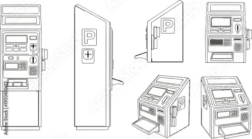 Multiple views of line art parking meters with screens and payment interfaces