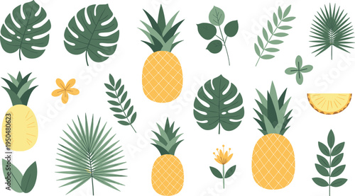 Tropical Pineapple and Green Leaves Botanical Collection with Monstera, Palm, and Exotic Plant Elements for Summer Nature Illustration