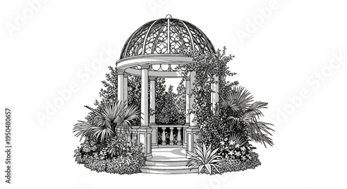 Ornate domed gazebo surrounded by lush foliage and tropical plants