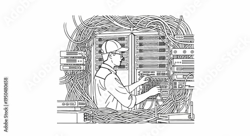 Technician works on tangled wires and complex server racks