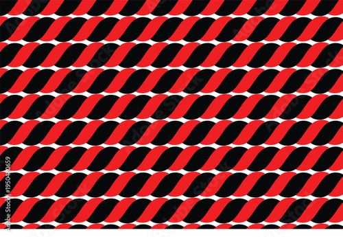 Seamless vector pattern featuring alternating red and black twisted rope segments creating a dynamic, repetitive diagonal stripe design on a white background, ideal for textile, web