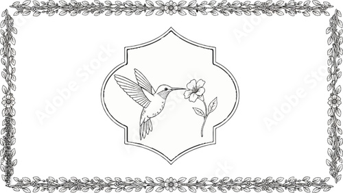Ornate floral border frames a hummingbird sipping nectar from a delicate flower