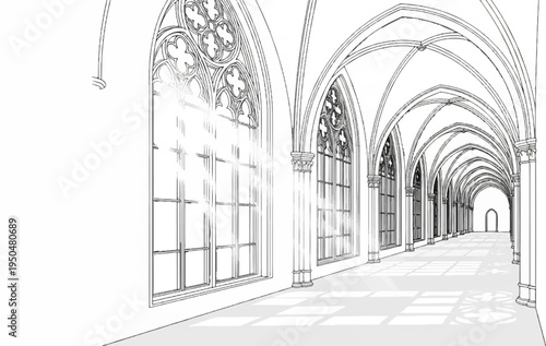 Ornate gothic arched corridor with large windows casting patterned light