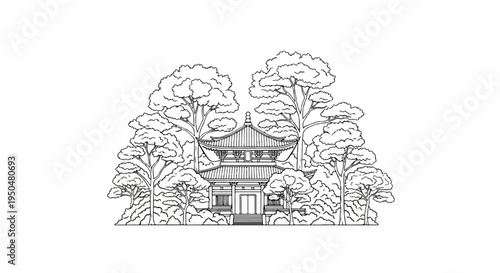 Traditional East Asian pagoda nestled among lush, stylized trees