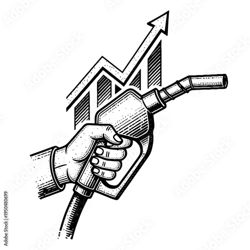 Hand Holding Fuel Pump Nozzle, Gasoline Price Rise, Rising Arrow Gas Illustration