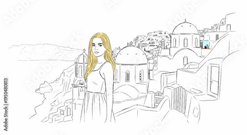 Woman with blonde hair stands before a picturesque coastal village with whitewashed buildings