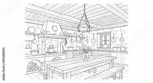 Rustic kitchen with fireplace, wooden table, benches, and hanging cookware