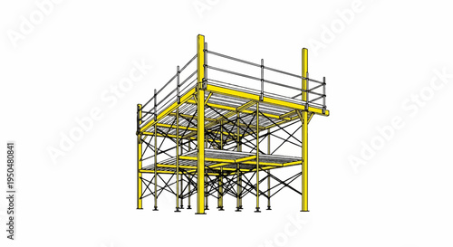 Yellow modular scaffolding structure with multiple platforms and safety rails
