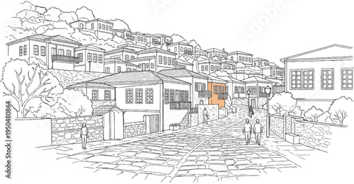 Sketch of a historic cobblestone street in a hillside town with buildings