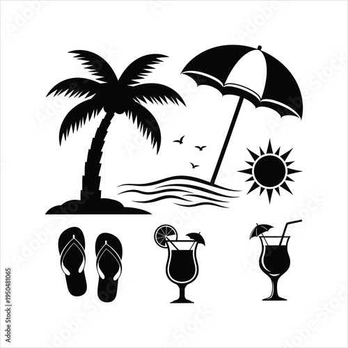 Beach vacation icons: palm tree, drinks, and sun set, flip flops