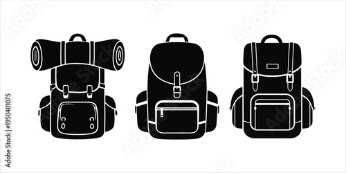 Backpack icons: camping, hiking and travel gear set