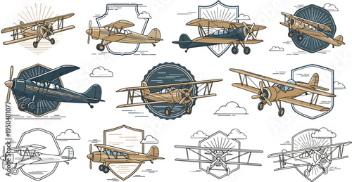 Vintage Biplane Airplane Badge and Emblem Collection with Retro Aviation Aircraft, Clouds, and Shield Frames for Pilot Logos, Travel Labels, and Adventure Designs