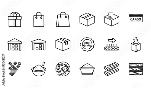 Thin line e-commerce and logistics icon collection with gift shopping bag package conveyor cereals vector