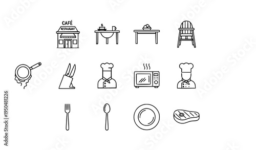 Thin line restaurant and kitchen icon pack with cafe chef fork spoon table pan plate and steak vector