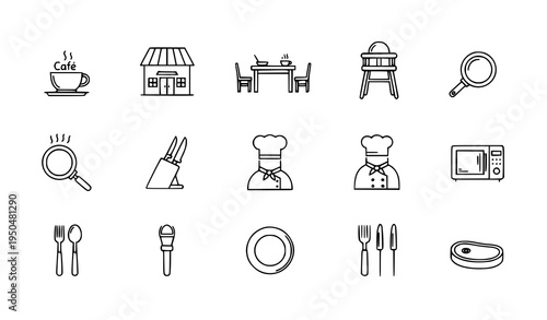 Thin line cafe and kitchen icon collection with table chair chef fork spoon pan plate and steak vector