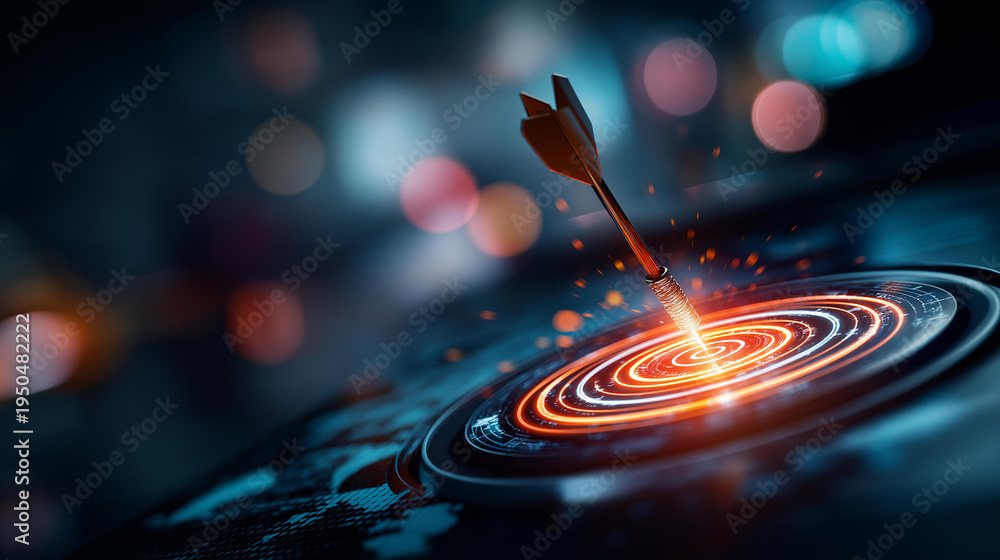 Fototapeta premium Bird's eye aerial of a vivid glowing circular target on a dark tech floor surface viewed directly from above a bright data arrow pointing straight down into the bullseye center