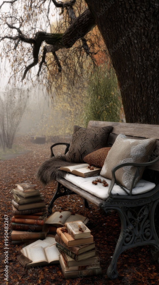 Obraz premium A park bench laden with books, inviting tranquility under a large, autumnal tree in misty weather.