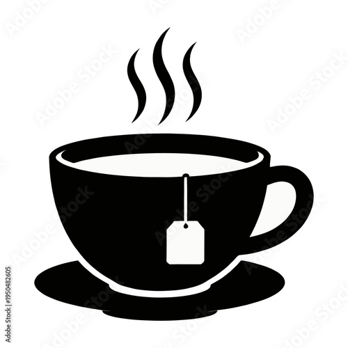 Vector of a steaming hot tea cup with a hanging tea bag