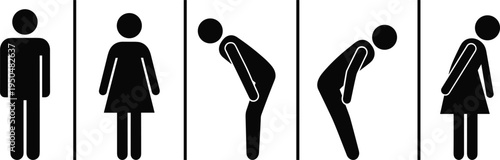 Black vector silhouette set of man and woman icons standing straight and bowing in respect or greeting isolated on a dark background for design