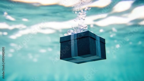 A mysterious gift box floats on the surface of calm water, potentially containing a surprise