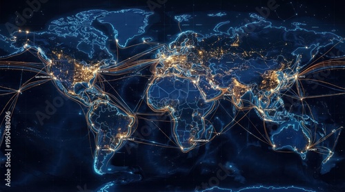 Global network map with connected lines and glowing city lights at night