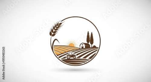 Circular farm landscape vector illustration with tractor, barn, wheat field, and cypress trees under a sunrise, ideal for agriculture and food industry branding.