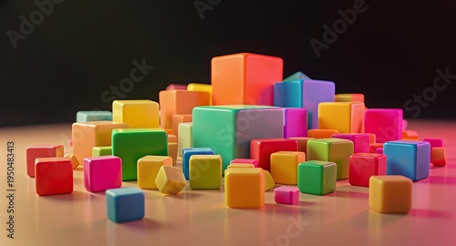 Abstract 3D Composition of Colorful Rounded Cubes on a Dark Background