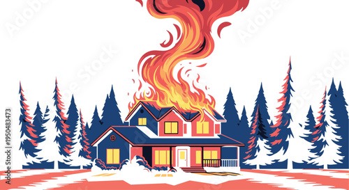 Burning house engulfed in flames within forest landscape, wildfire disaster illustration showing blazing roof, smoke, pine trees and dramatic emergency scene for fire safety awareness visuals