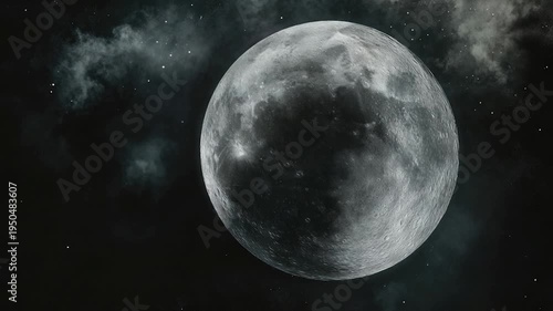 A bright full moon is seen shining through fluffy white clouds on a dark night