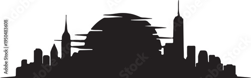 Futuristic cityscape silhouette with sleek skyscrapers and flying saucers hovering above buildings