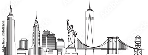 New York City iconic skyline with Statue of Liberty and Brooklyn Bridge illustration