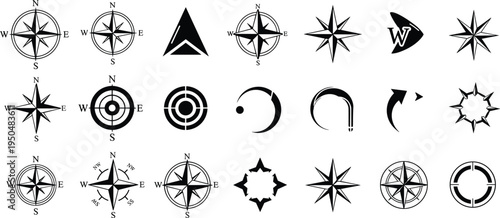 Collection of black compass rose silhouettes and navigation icons including wind rose symbols mapping arrows and cardinal directions isolated on white background for vecto