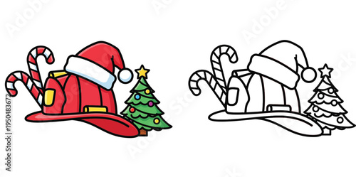 Christmas firefighter helmet with Santa hat, candy canes, and tree. Color and line art coloring page.
