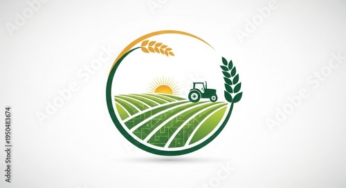 Farming Agriculture Logo with Tractor, Fields, Sunrise, and Wheat Ears