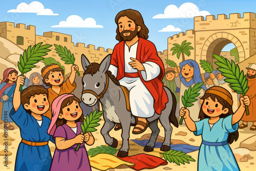 Jesus entering Jerusalem with children waving palm branches Palm Sunday educational illustration for children's Bible Sunday school youth religious education scene