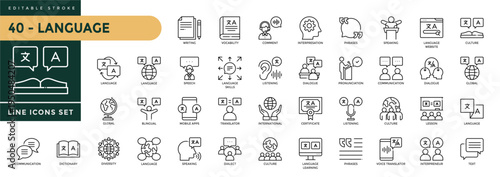 A collection of Language icons set with editable stroke, including speaking, dictionary, language skills, communication, translate, speech, non-verbal, vocabulary. Thin linear vector illustration.