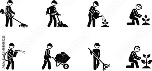 Collection of eight black silhouette icons showing gardening and landscaping activities including trimming, digging, watering, planting, spraying, wheelbarrow use, raking, and plant care