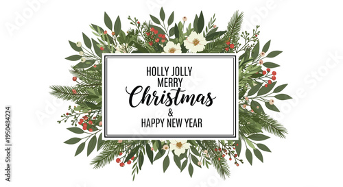 Festive Christmas greeting card featuring a lush botanical wreath with greenery and berries around a central message board.