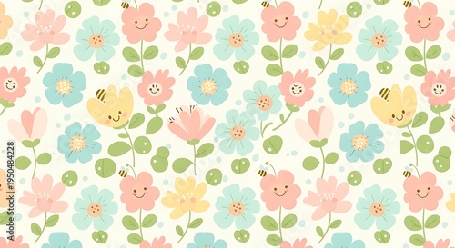 A seamless pattern featuring cute cartoon flowers and tiny bees on a soft cream background design