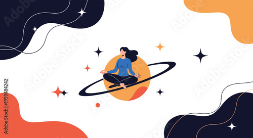 Tranquil woman meditating in a lotus pose on a stylized planet surrounded by stars and abstract space elements.