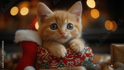 A small kitten is sitting inside a festive Christmas stocking