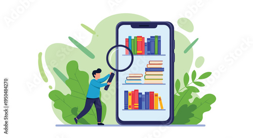 Man using a large magnifying glass to search through an online digital library displayed on a giant smartphone screen.