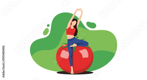 Creative illustration of a woman practicing yoga in a tree pose while balancing on top of a giant red tomato.