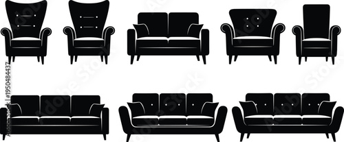 Collection of eight black silhouette icons showing upholstered seating furniture including armchairs with tufted backs and sofas with different cushion and armrest styles for interior design