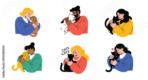Set of diverse people showing love and affection by hugging their cute pet dogs and cats, isolated on a white background.