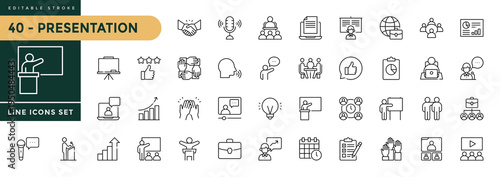 A collection of Presentation icons set with editable stroke, including for business presentations. Thin linear vector illustration.