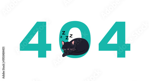 Creative and funny 404 error page design featuring a cute black cat sleeping comfortably inside the large zero digit.