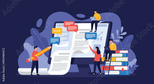 Collaborative team working together around a giant computer screen to create and manage digital content and data.