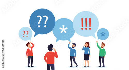 Group of people standing under large speech bubbles filled with question marks, exclamation points, and symbols.